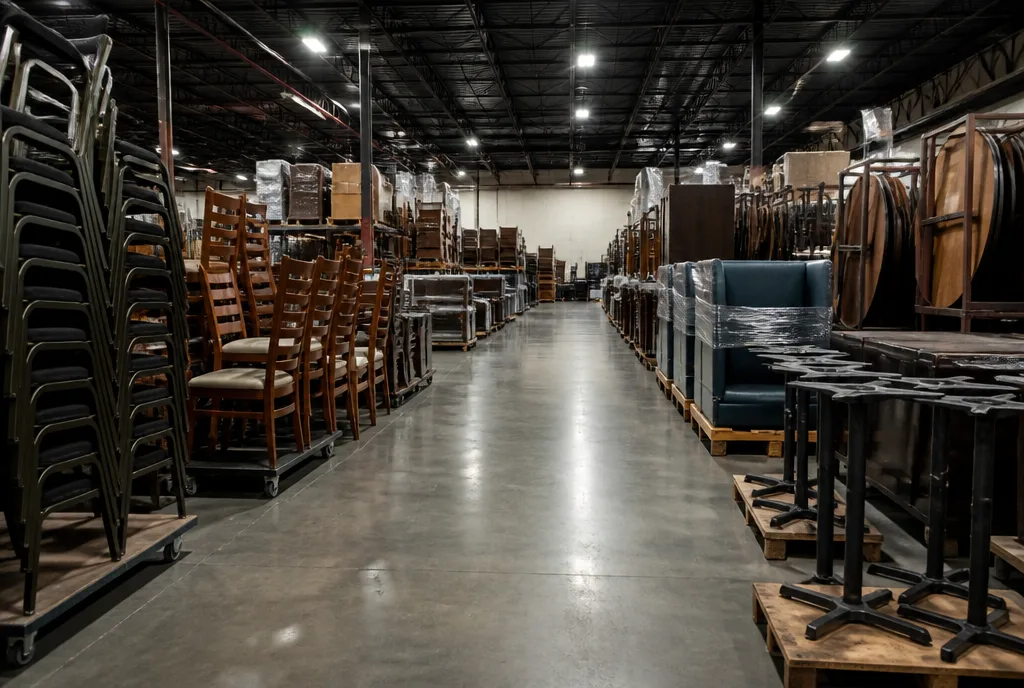 Aisle of a commercial furniture warehouse: stacked banquet chairs on dollies, wooden dining chairs, a wrapped booth unit, table tops racked on edge, and cast-iron table bases on pallets