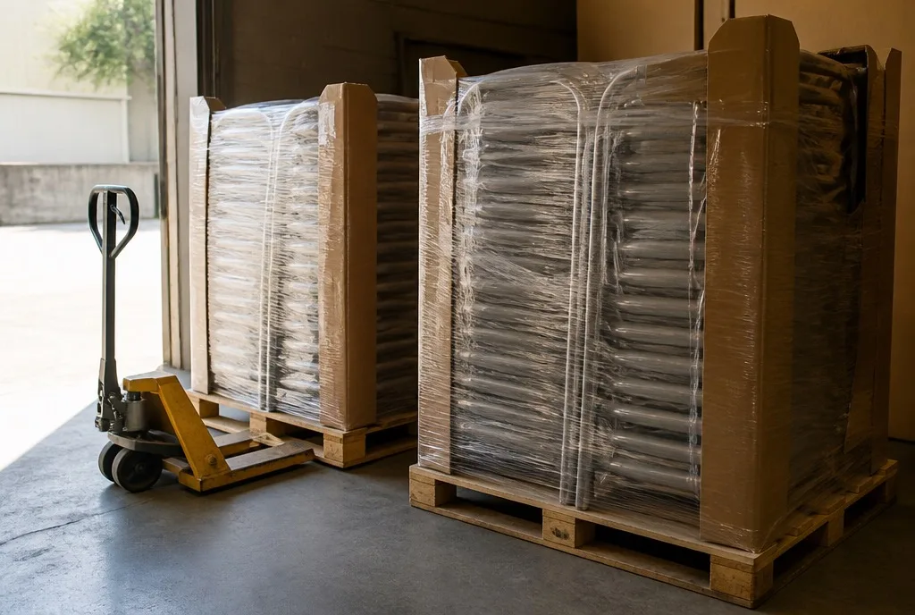 Two shrink-wrapped pallets of stacked commercial chairs with cardboard corner protectors at an open loading dock, a pallet jack beside them